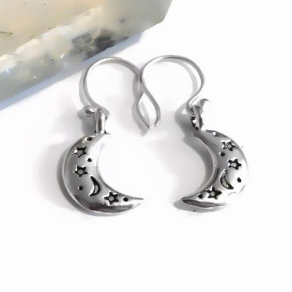 Crescent Moon Drop Earrings 925 Silver - Picture 2 of 6